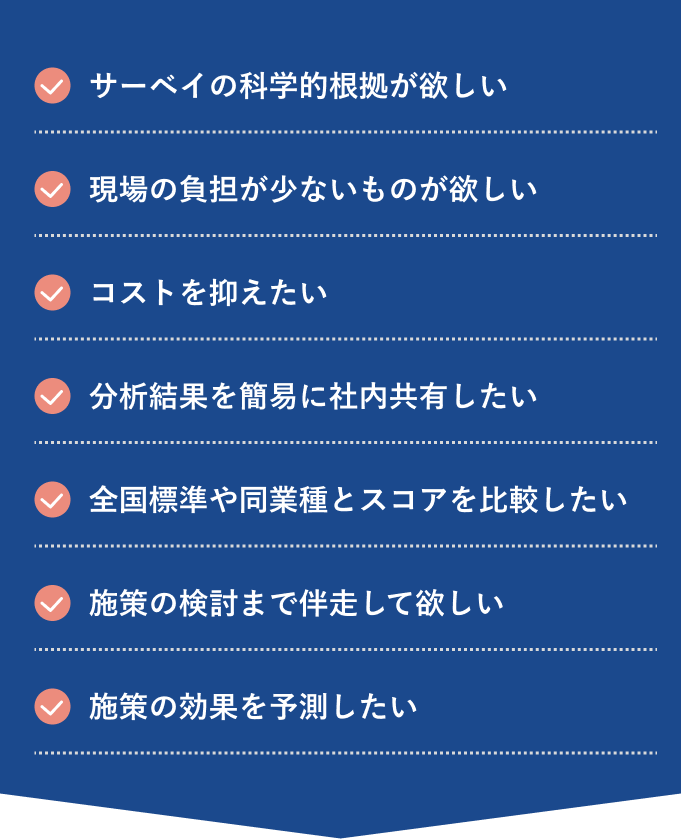 サーベイの科学的根拠が欲しい、現場の負担が少ないものが欲しい、コストを抑えたい、分析結果を簡易に社内共有したい、全国標準や同業種とスコアを比較したい、施策の検討まで伴走して欲しい、施策の効果を予測したい